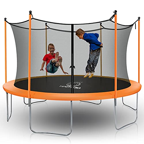9339130058706 - QUICKCITY 12 FT TRAMPOLINE ORANGE WITH SAFETY ENCLOSURE NET , OUTDOOR FITNESS RECREATIONAL TRAMPOLINE WITH SPRING COVER