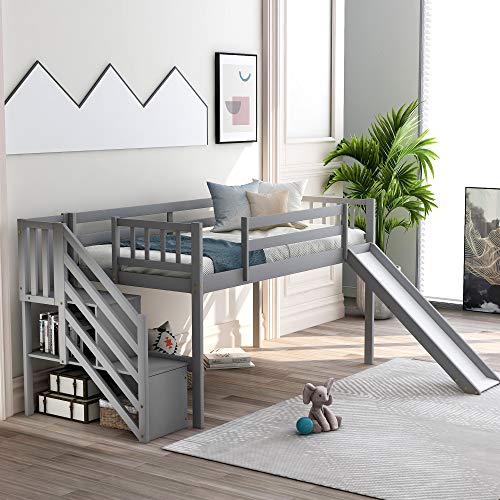 9339402008422 - MAFOROB TWIN SIZE LOW LOFT BED WITH ADJUSTABLE SLIDE & STORAGE STAIRCASE & SAFETY GUARDRAILS,SOLID PINE WOOD BEDFRAME,FOR CHILDREN TODDLERS,KIDS BEDROOM,90.6X79.6X44.4, GREY