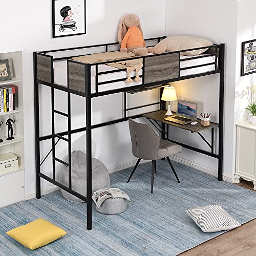 9339402086857 - STARTOGOO METAL LOFT BED WITH DESK & SHELVES, TWIN WOOD LOFTBED FRAME W/ FULL LENGTH GUARDRAILL AND BUILT-IN LADDER FOR KIDS TEENS, BLACK