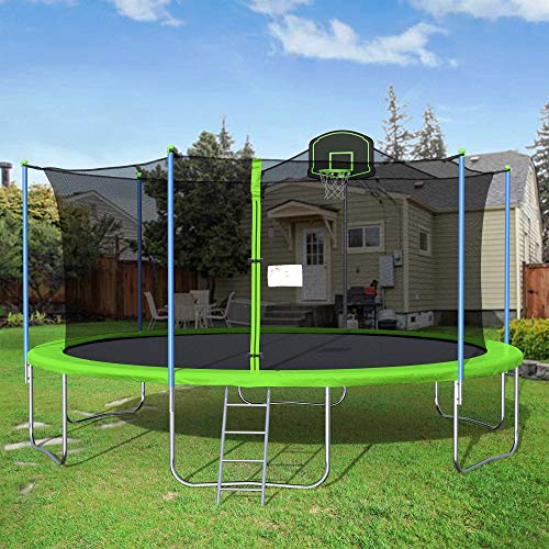9339402087618 - STARTOGOO 1000 LBS 16FT TRAMPOLINE W/ BASKETBALL HOOP FOR KIDS, OUTDOOR RECREATION LARGE TRAMPOLINE WITH SAFETY ENCLOSURE NET AND LADDER FOR ADULTS, GREEN