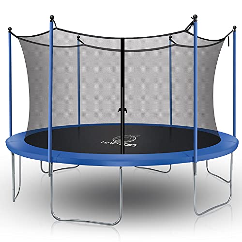 9339402132493 - EXECELE TRAMPOLINE 12FT OUTDOOR FITNESS TRAMPOLINE WITH SPRING COVER & NET RECREATIONAL , JUMP RECREATIONAL TRAMPOLINE FOR KIDS FAMILY HAPPY TIME, BLUE
