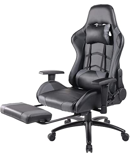 9339402178354 - GAMING CHAIR, OFFICE CHAIR ERGONOMIC RECLINING COMPUTER GAMING CHAIR HIGH BACK PU LEATHER HOME OFFICE DESK CHAIR WITH LUMBAR SUPPORT AND FOOTREST, BLACK/GREY