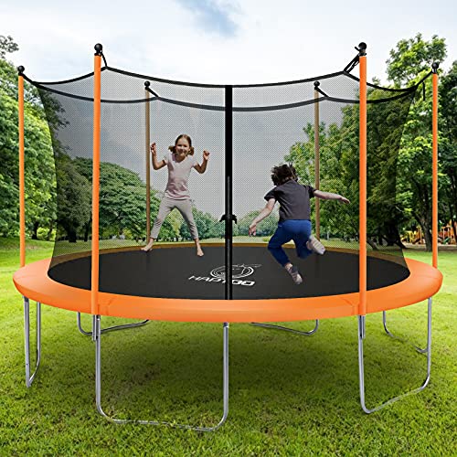 9339402692300 - LONGRUNE 12FT TRAMPOLINE FOR KIDS, WITH ENCLOSURE NET PVC SPRING COVER PADDING OUTDOOR RECREATIONAL TRAMPOLINES, ORANGE