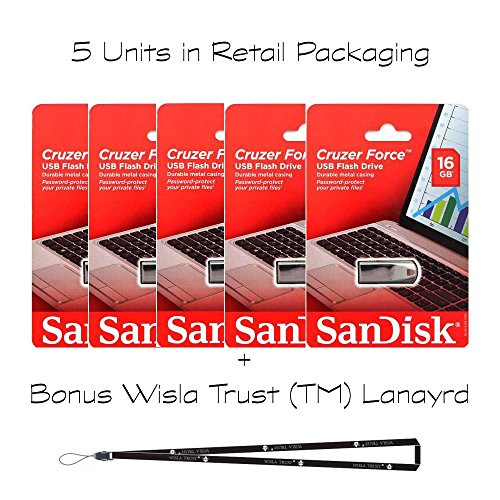 9349220005404 - SANDISK CRUZER FORCE 16GB SDCZ71-016G - 5 PACK IN RETAIL PACKAGING FLASH USB DRIVE JUMP DRIVE PEN DRIVE + WISLA TRUST (TM) LANYARD
