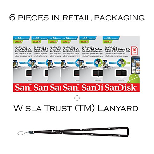 9349220007330 - SANDISK ULTRA 16GB SDDD2-016G (6 PACK) USB 3.0 OTG FLASH DRIVE WITH MICRO USB CONNECTOR FOR ANDROID MOBILE DEVICES + BONUS WISLA TRUST (TM) LANYARD