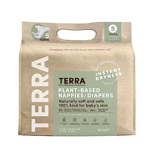 9421905946322 - TERRA SIZE 5 DIAPERS: 85% PLANT-BASED DIAPERS, ULTRA-SOFT & CHEMICAL-FREE FOR SENSITIVE SKIN, SUPERIOR ABSORBENCY FOR DAY OR NIGHTTIME DIAPERS, DESIGNED FOR TODDLERS 28-39 POUNDS, 16 COUNT