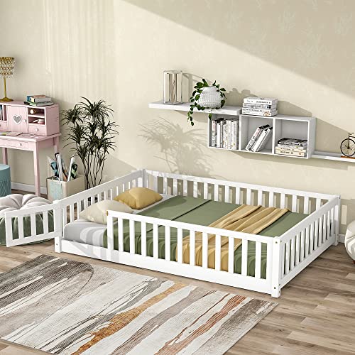 9466827437268 - HOMSOF FULL SIZE FLOOR PLATFORM BED WITH FENCE AND DOOR FOR KIDS,TODDLERS,SIZE: L 79.5”X W 57” X 17.5”,WHITE