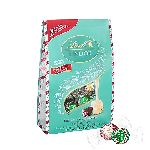 0009542044800 - LINDT LINDOR HOLIDAY ASSORTED PEPPERMINT CHOCOLATE CANDY TRUFFLES, ASSORTED CHOCOLATES WITH SMOOTH, MELTING TRUFFLE CENTER, 15.2 OZ. BAG