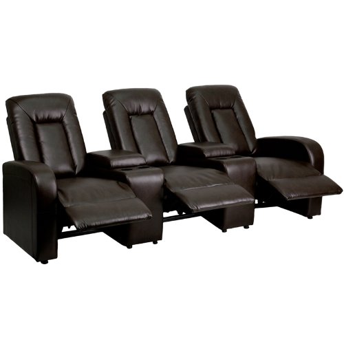 0095474836200 - FLASH FURNITURE 3-SEAT BROWN LEATHER HOME THEATER RECLINER WITH STORAGE CONSOLES