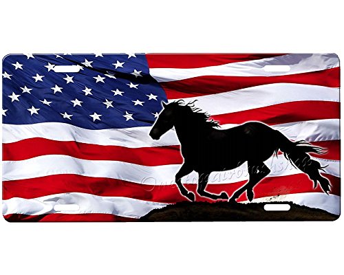 9552296259385 - CUSTOM HORSE AMERICAN FLAG COOL METAL LICENSE PLATE CAR DECORATION LICENSE PLATE COVER TAG -2