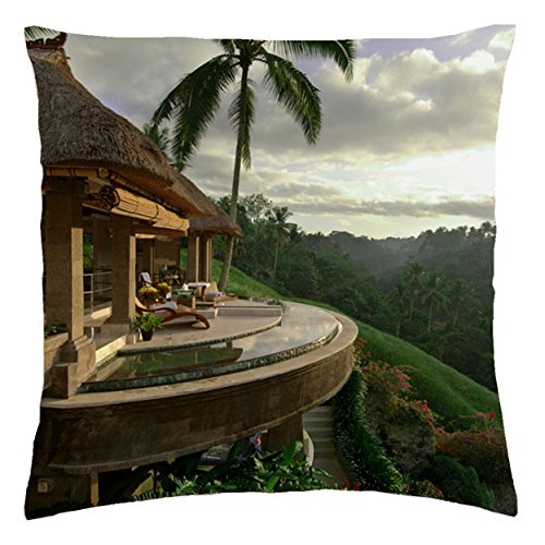 9559204155319 - NATURE CLOUDS NATURE FOREST BRIDGES CHAIRS MANSION SWIMMING POOLS SPA FOLIAGE BALI THROW PILLOW COVER (18 X18 )