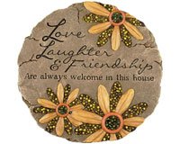 0096069101468 - LOVE, LAUGHTER AND FRIENDSHIP HAND PAINTED 9 INCH RESIN GARDEN STONE