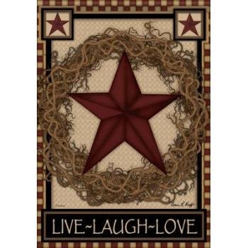 0096069452065 - COUNTRY PRIMITIVE BARN STAR WREATH LIVE LAUGH LOVE DOUBLE SIDED GARDEN FLAG