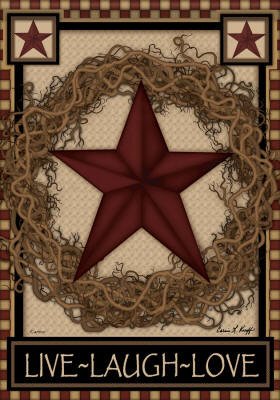 0096069472063 - COUNTRY PRIMITIVE BARN STAR WREATH LIVE LAUGH LOVE DOUBLE SIDED HOUSE FLAG