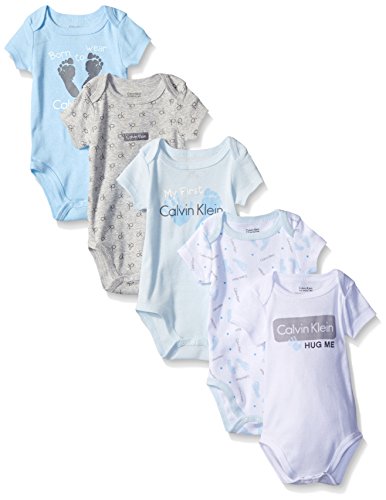 0096413928703 - CALVIN KLEIN BABY-BOYS 5 PACK BODYSUIT PRINTED AND SOLID, LIGHT BLUE/GRAY, 0-3 MONTHS