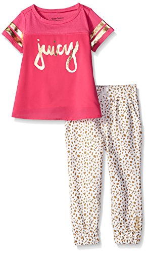 0096413990298 - JUICY COUTURE GIRLS' COTTON JERSEY TOP POLY CHIFFON AND PRINT FRENCH TERRY PANTS, PINK, 12 MONTHS