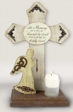 0096587153420 - CANDLE HOLDER-CROSS WITH ANGEL-IN MEMORY-VINTAGE WOOD - 9 X 4 X 13.75