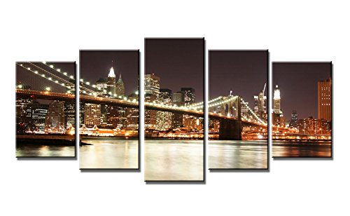 9745444737594 - WIECO ART - GICLEE CANVAS PRINTS MODERN STRETCHED AND FRAMED ARTWORK THE BROOKLYN BRIDGE 5 PANELS LANDSCAPE PICTURES TO PHOTO PAINTINGS ON CANVAS WALL ART FOR HOME DECOR AND OFFICE DECORATIONS 5PCS/SET P5RLA008 _F1