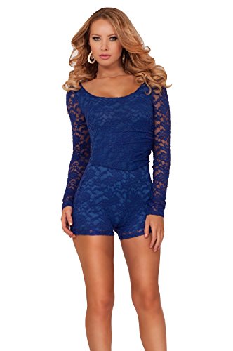 0097914230395 - SCOOP NECK LONG SLEEVE LACE PEAK-A-BOO BACK MINI SHORT SHORTS ROMPERS OVERALLS