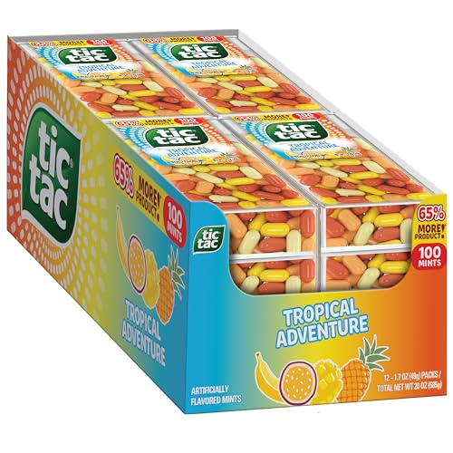 0009800053889 - TIC TAC TROPICAL ADVENTURE FRUIT FLAVORED MINTS, BULK 12 PACK, ON-THE-GO REFRESHMENT, STOCKING STUFFER, 1.7 OZ EACH