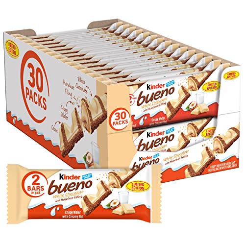 0009800553174 - KINDER BUENO WHITE CHOCOLATE AND HAZELNUT CREAM CANDY BAR, 2 INDIVIDUALLY WRAPPED 1.4 OZ EACH, 30 PACK - LIMITED EDITION