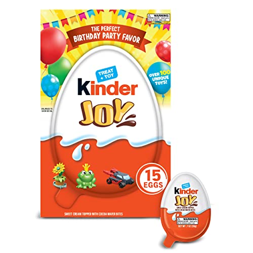0009800573059 - KINDER JOY BIRTHDAY PARTY EGGS, INDIVIDUALLY WRAPPED BULK CHOCOLATE CANDY EGGS WITH MYSTERY TOY INSIDE, PERFECT BIRTHDAY SURPRISE FOR KIDS, 0.7 OUNCE (PACK OF 15)