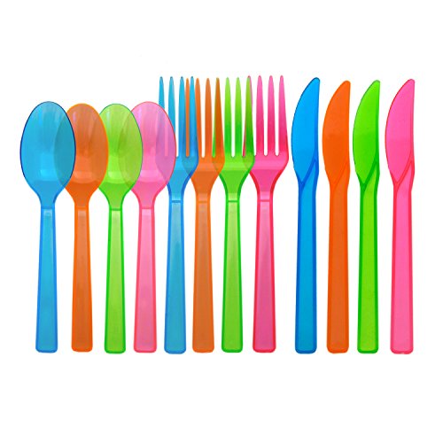 0098382154077 - PARTY ESSENTIALS HARD PLASTIC CUTLERY COMBO PACK, KNIVES/FORKS/SPOONS, 48 PLACE SETTING-COUNT, ASSORTED NEON