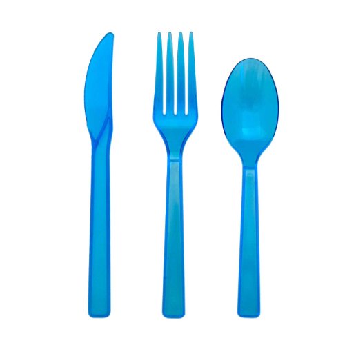 0098382351063 - PARTY ESSENTIALS NEON BRIGHTS HARD PLASTIC CUTLERY COMBO PACK AVAILABLE IN 5 COLORS, NEON BLUE, 17 PLACE SETTINGS