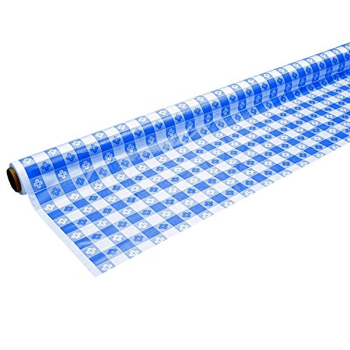 0098382415468 - PARTY ESSENTIALS HEAVY DUTY PRINTED PLASTIC BANQUET TABLE ROLL AVAILABLE IN 27 COLORS, 40 X 50', BLUE GINGHAM