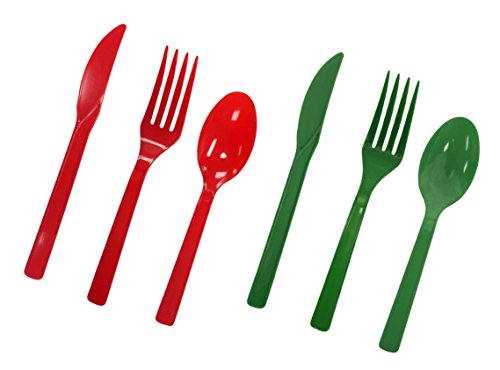 0098382472515 - PARTY ESSENTIALS 68 PLACE SETTINGS HARD PLASTIC CUTLERY COMBO PACK, RED/GREEN