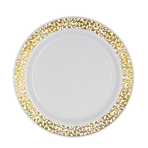 0098382507255 - PARTY ESSENTIALS 24 COUNT HARD PLASTIC 7.5 DIVINE DINNERWARE DISPOSABLE CHINA SALAD/DESSERT PLATES WITH LACE RIM, WHITE/GOLD