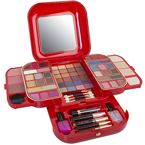 0989898939879 - JUMBL™ DELUXE CARRY ALL TRAVEL MAKEUP PALETTE 63 PCS + JUMBL™ BRUSH AND MIRROR INCLUDED(RED)
