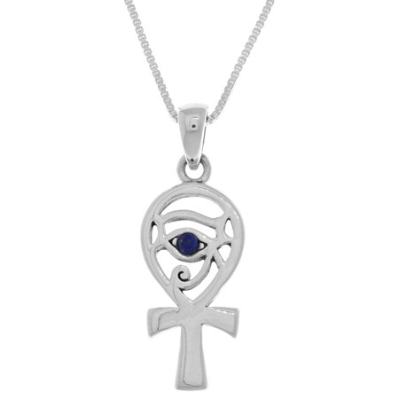 0099396309484 - STERLING SILVER EGYPTIAN EYE OF HORUS ANKH PENDANT WITH SYNTHETIC BLUE LAPIS ON 18 INCH BOX CHAIN NECKLACE