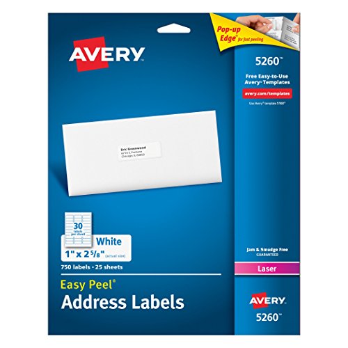 0999992328240 - AVERY EASY PEEL ADDRESS LABELS FOR LASER PRINTERS, 1 X 2.625 INCHES, WHITE, PACK OF 750