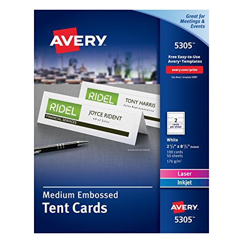 0999992523577 - AVERY MEDIUM EMBOSSED TENT CARDS, HEAVYWEIGHT CARDSTOCK, LASER AND INKJET, 100 PLACE CARDS