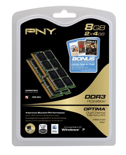 0999996715619 - PNY OPTIMA 8 GB (2 X 4 GB) PC3-8500 1066MHZ DDR3 NOTEBOOK SODIMM MEMORY KIT MN8192KD3-1066