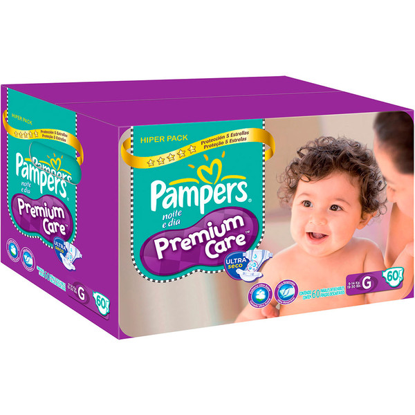 FRALDA DESCARTÁVEL INFANTIL PAMPERS PREMIUM CARE G CAIXA 60 UNIDADES